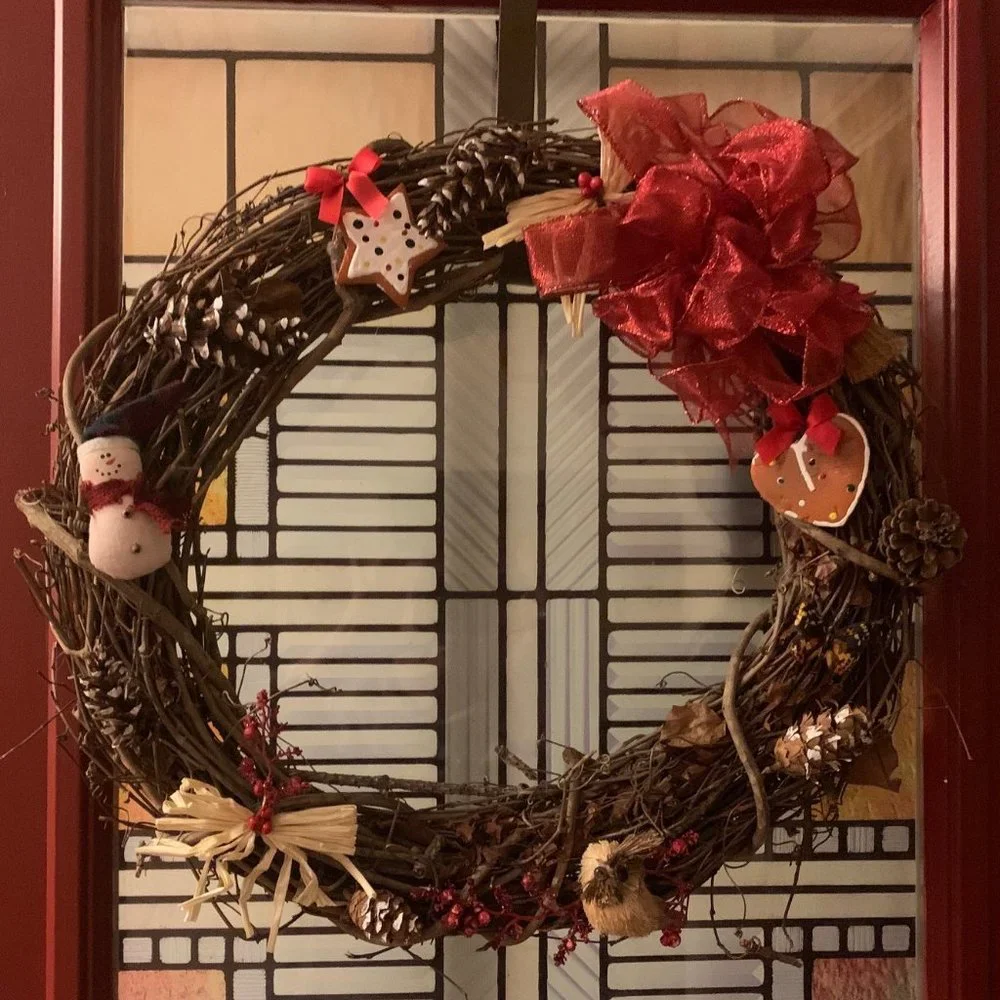 Winter Season Grapevine Wreath, Rustic with Red Accents, Artist-Made
